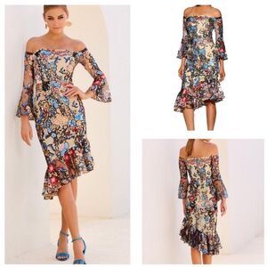 Alexia Admor Blue and Red Asymmetrical Ruffled Cocktail Dress